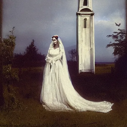 Image similar to picture of ghostly bride in front of an old wooden white church, 1 9 th century southern gothic scene, made by achenbach, andreas