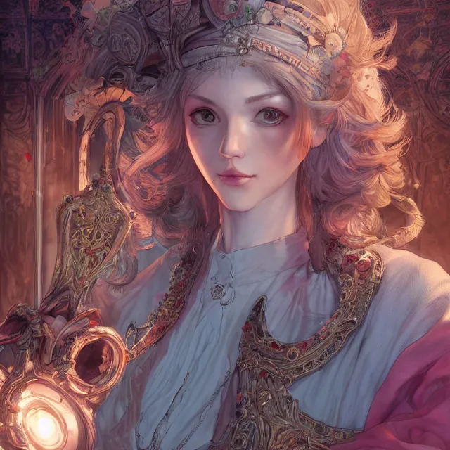 Prompt: the portrait of neutral good colorful female cleric bard as absurdly beautiful, gorgeous, elegant, skinny young gravure idol, an ultrafine hyperdetailed illustration by kim jung gi, irakli nadar, intricate linework, super sharp focus, bright colors, octopath traveler, unreal engine 5 highly rendered, global illumination, radiant light, detailed and intricate environment