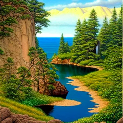 Prompt: Larry Elmore painting - You step to the edge of the rocky opening and peer over. You see a tranquil pond and a sandy beach 20 feet below. The opening’s bottom leads to a cave, its verdant flora a stark contrast to the rocky sides.