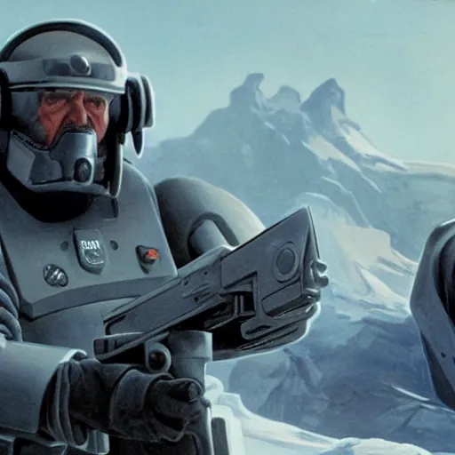 Image similar to photograph of an stern old man wearing futuristic gray heavy exosuit armor with navy blue detailing holding a white plastoid shield in his left hand and a blaster in his right hand. in the background there is a scifi battle taking place with trenches and force - field generator trucks and laser machineguns on a rolling green plains with snowcapped mountains in the distance. science fiction.