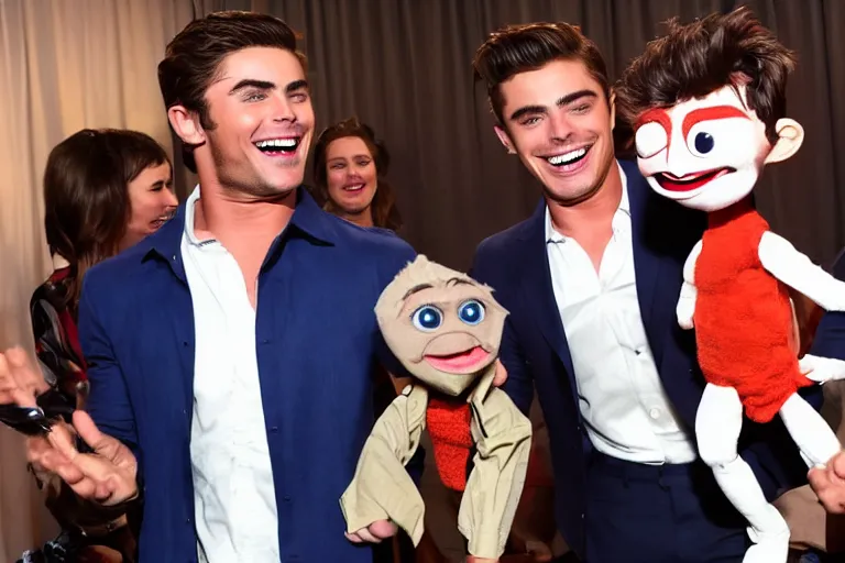 Image similar to studio lit zac efron laughing maniacally while holding a ventriloquist puppet of a fearful tom holland