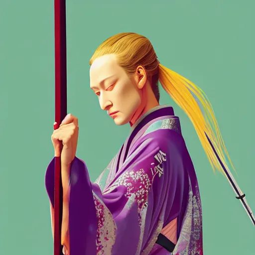 Image similar to breathtaking detailed pattern pastel colors, action scene from kill bill, with uma thurman ( kill bill ) in yellow kimono, swinging katana sword, and mt. fuji, by hsiao - ron cheng, exquisite detail, enhanced eye detail