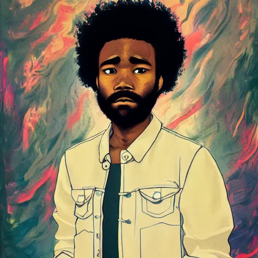 Prompt: donald glover with curly hair, painting on a canvas, anime style, studio ghibli, contemplative, beautiful, surreal, detailed, dreamy