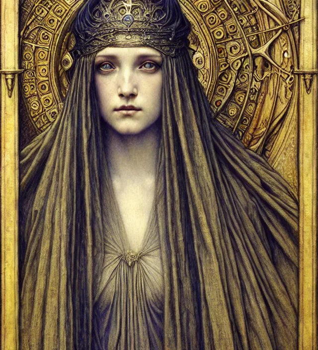 Image similar to detailed realistic beautiful young medieval queen face portrait by jean delville, gustave dore and marco mazzoni, art nouveau, symbolist, visionary, gothic, pre - raphaelite. horizontal symmetry