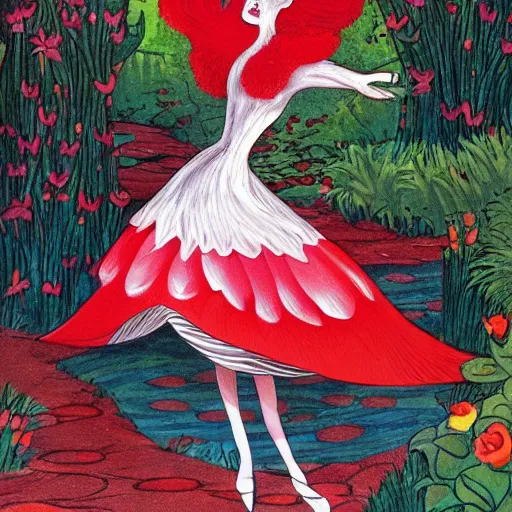 Prompt: The red queen, mad with power, created her red garden for hours and hours, playing croquette with upside-down flamingos; Alice tried to sneak away to the white rabbit's aid