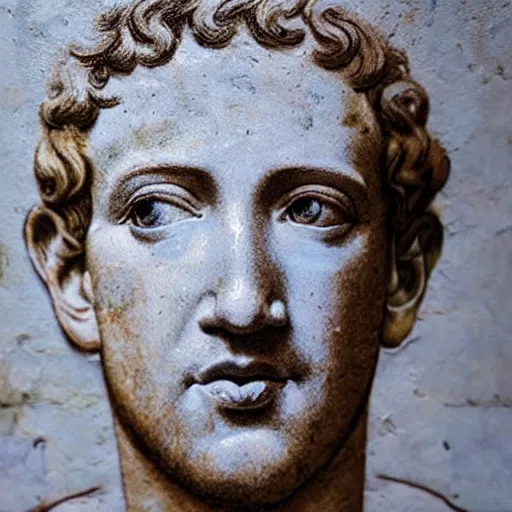 Image similar to photo of an ancient roman fresco on a wall in an ancient roman villa : mark zuckerberg as a roman noble senator. dressed in a white toga. serious facial expression. detailed, intricate artwork. faded shadows
