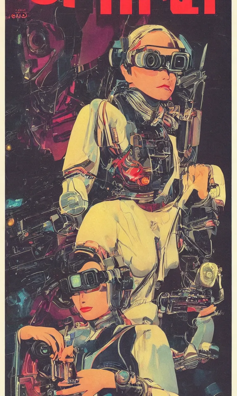 Prompt: 1979 OMNI Magazine Cover depicting a portrait of a Beautiful woman wearing a Gucci kimono and AR goggles, Cyberpunk Akira style by Vincent Di Fate