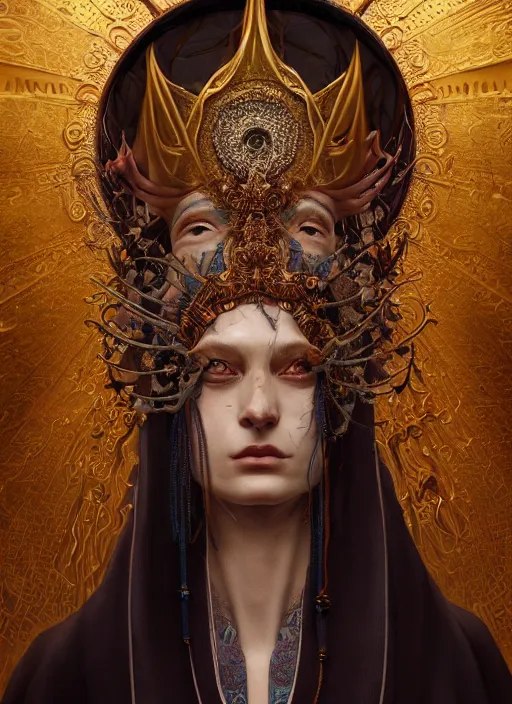 Prompt: slender high priest in a ornate heavy robe, eclesial headpiece, by james jean, karol bak, tomasz alen kopera, cgsociety and fenghua zhong, highly detailed, rim light, cinematic lighting, illustration, art, octane render, very coherent, cinematic, hyper realism, high detail, octane render, 8 k