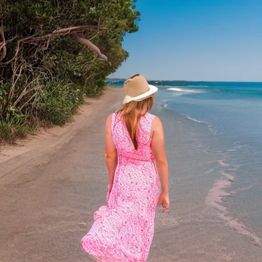 Prompt: woman in a summery pink dress and sunglasses walking away from the beach, sunny day, blue sky, cirrus clouds