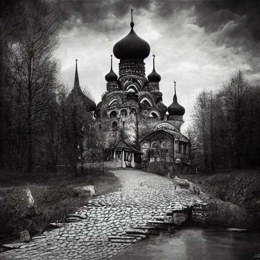 Prompt: photo beautiful magical ancient Slavic Russian city of Kitezh, black and white image, fisheye lens, painting by Viktor Vasnetsov, concept art, magical city, fantasy cityscape, ancient Slavs, wooden buildings, ancient Russian architecture, terem, hyperborea, top cinematic lighting , cinematic mood, very detailed, 8k, high resolution, trending on artstation, painting by Nicholas Roerich, artstationHD,