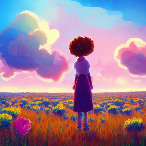 Image similar to girl with a giant carnation head, surreal photography, flower field, sunset dramatic light, impressionist painting, colorful clouds, blue sky, digital painting, artstation, simon stalenhag