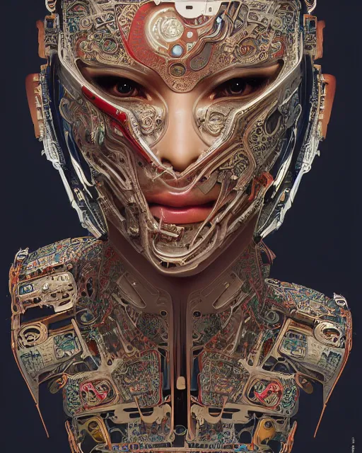 Image similar to portrait of a cyberpunk machine, machine face, upper half portrait, decorated with chinese opera motifs, asian, fine china, traditional chinese art, intricate, elegant, highly detailed, symmetry, headpiece, digital painting, artstation, concept art, smooth, sharp focus, illustration, art by artgerm and greg rutkowski and alphonse mucha, 8 k