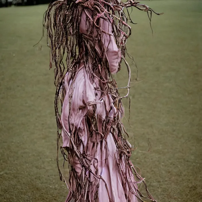 Prompt: a closeup portrait of a woman wearing a dress made of ribbon and roots, standing in an empty park, color photograph, by vincent desiderio, canon eos c 3 0 0, ƒ 1. 8, 3 5 mm, 8 k, medium - format print