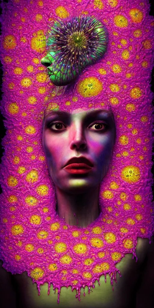 Prompt: hyper detailed 3d render like a Oil painting - portrait sculpt of Aurora (Singer) seen in mascara Lips on the Strangling network of yellowcake aerochrome and milky Fruit that covers her body and Her delicate Hands hold of gossamer polyp blossoms bring iridescent fungal flowers whose spores black the foolish stars by Jacek Yerka, Mariusz Lewandowski, Houdini algorithmic generative render, Abstract brush strokes, Masterpiece, Edward Hopper and James Gilleard, Zdzislaw Beksinski, Mark Ryden, Wolfgang Lettl, hints of Yayoi Kasuma, octane render, 8k