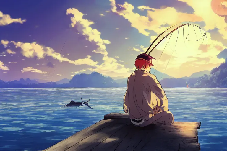 Image similar to cell shaded anime key visual of a fantasy isekai fisherman on a lake in the style of studio ghibli, moebius, makoto shinkai, dramatic lighting