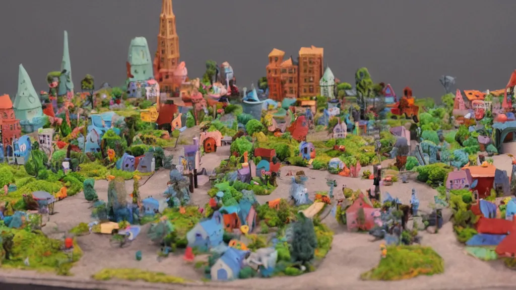 Prompt: A small city in a claymation style