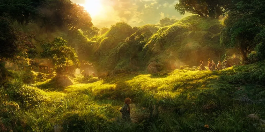 Prompt: lush and beautiful concept art for the shire, lord of the rings, peter jackson, studio ghibli, detailed, realistic lighting, volumetric lighting, golden hour,