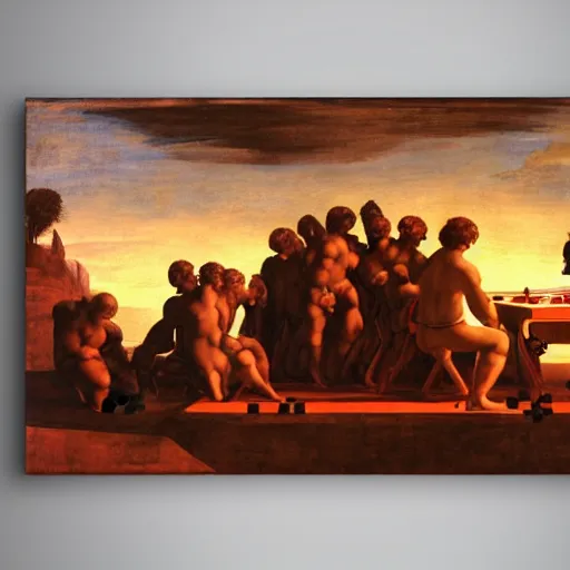 Image similar to a Nvidia robot with no other purpose in life than looking at a painting of gods playing chess under a crimson sky. Painted by Michelangelo. Hd. 4k. Arcane style