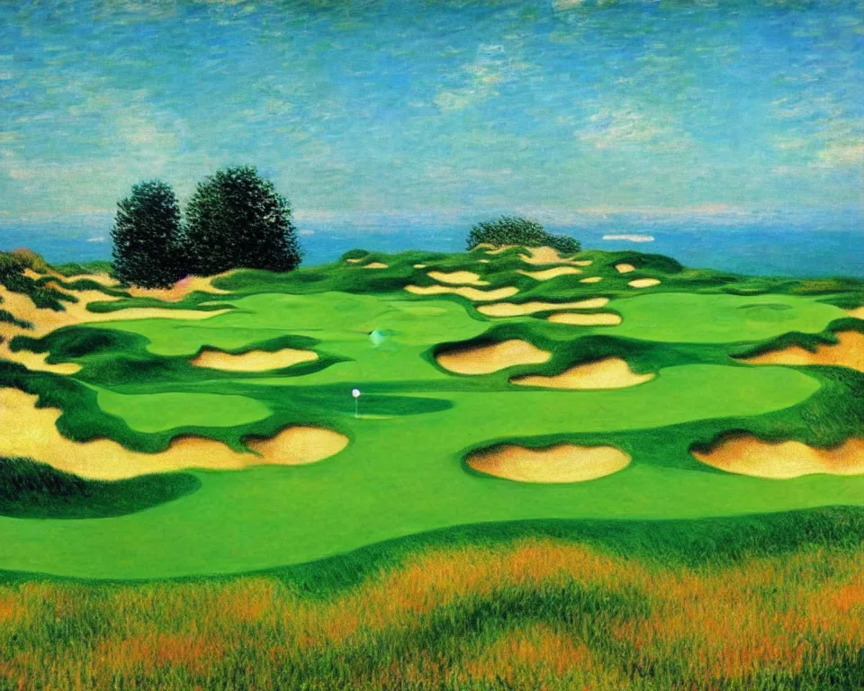 Prompt: achingly beautiful painting of pacific dunes golf course by rene magritte, monet, and turner.