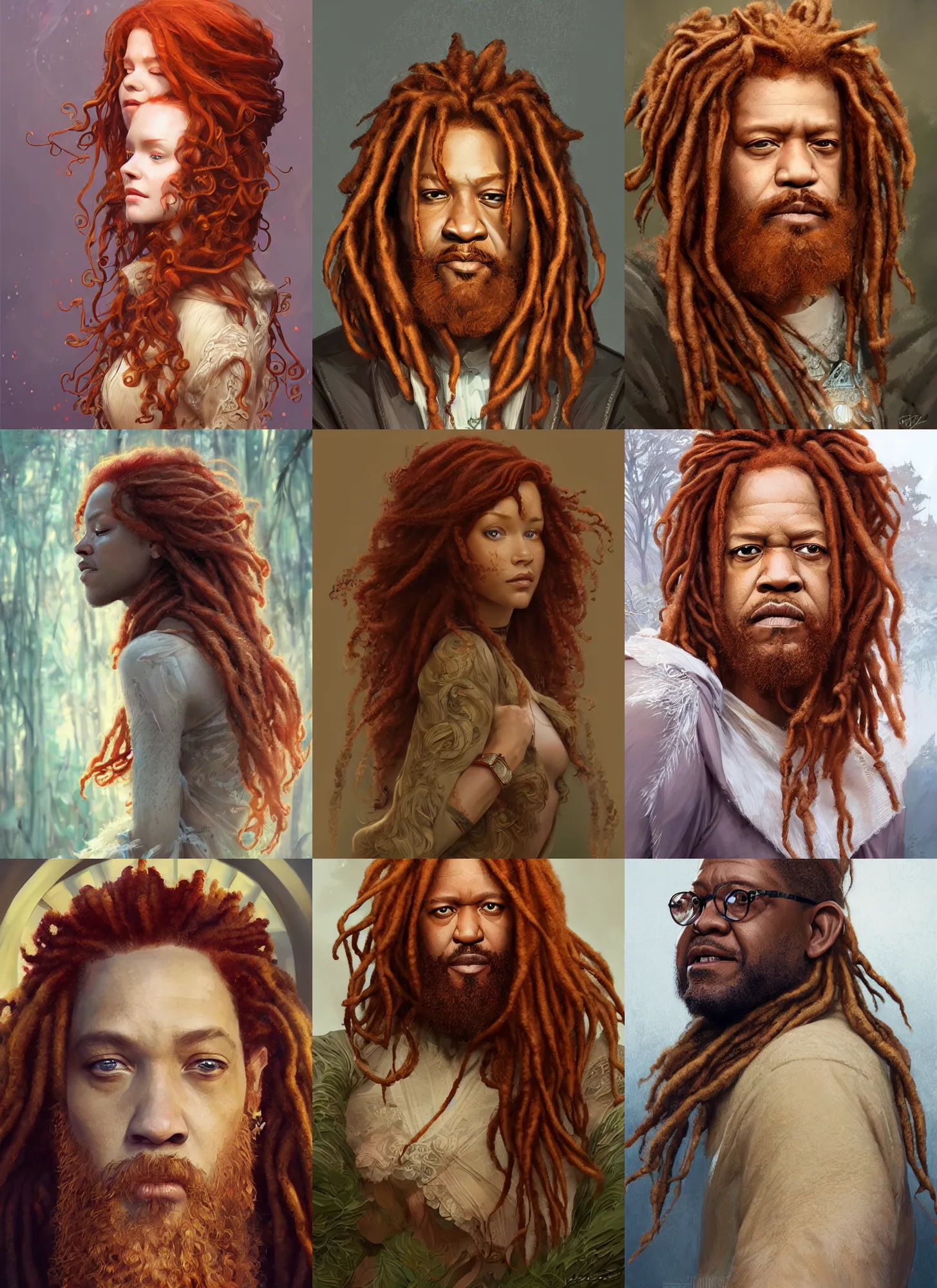 Prompt: forest whitaker, redhead curled beard and redhead dreadlocks, intricate, elegant, highly detailed, artstation, sharp focus, illustration, mandy jurgens, rutkowski, mucha