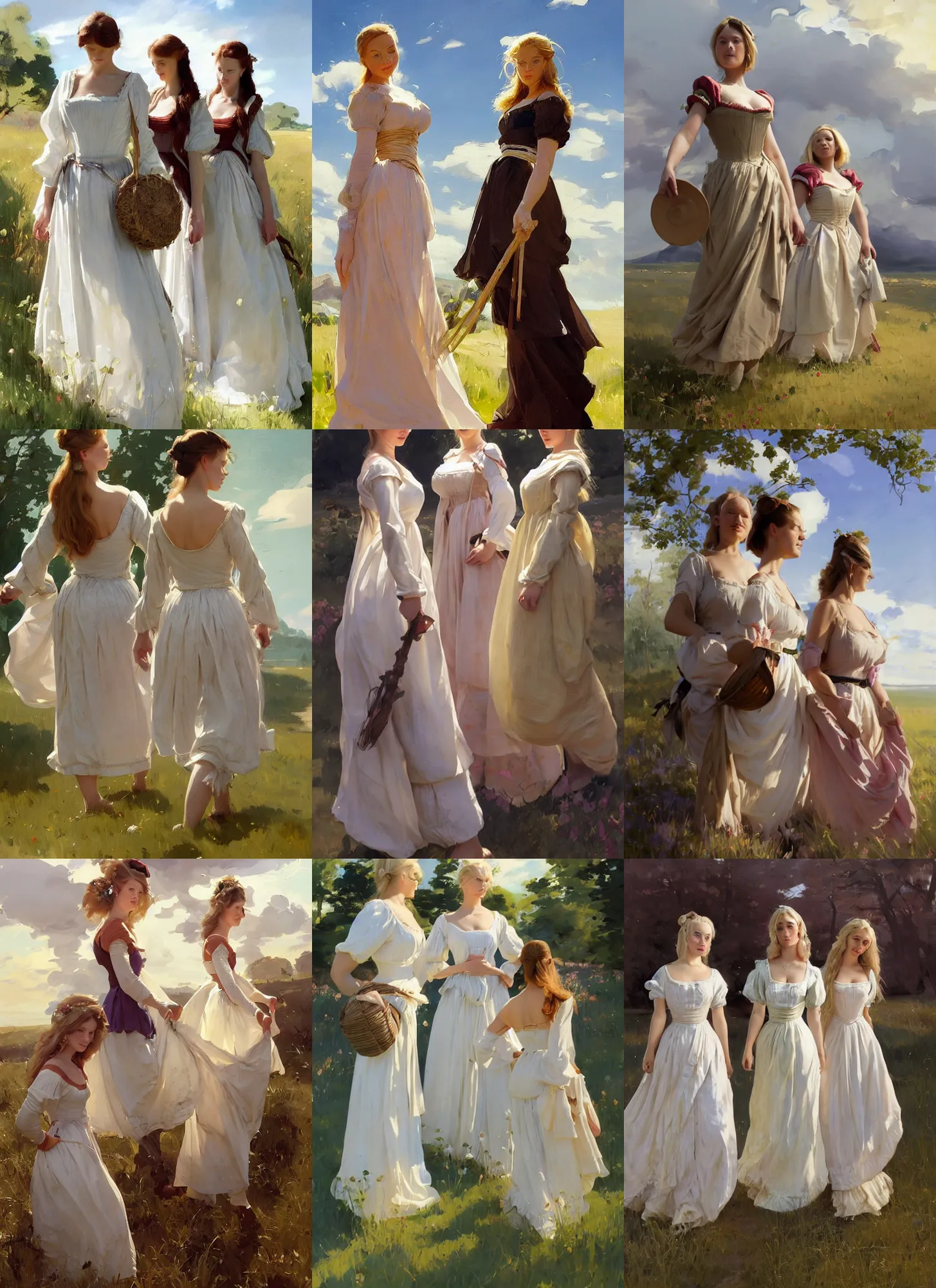 Prompt: three beautiful finnish norwegian swedish scandinavian attractive glamour models wearing as village maidens in 1 7 th century bodice with low neckline walking in the feild in a sunny day, jodhpurs greg manchess painting by sargent and leyendecker, studio ghibli fantasy medium shot asymmetrical intricate elegant matte painting illustration hearthstone, by greg rutkowski by greg tocchini by james gilleard