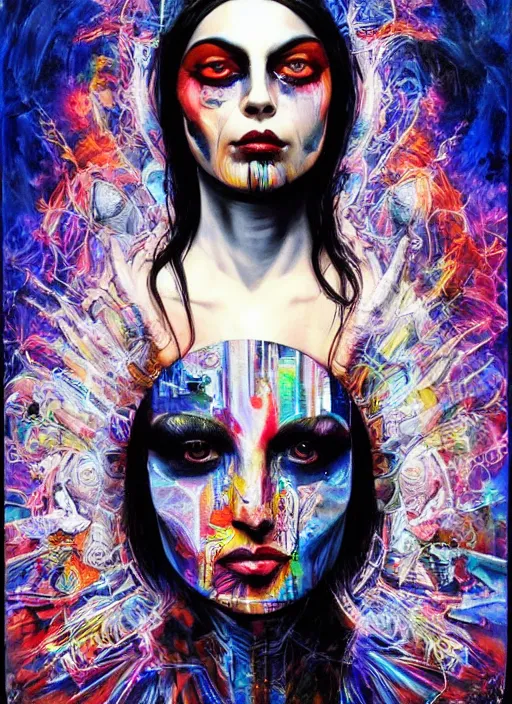 Prompt: gorgeous magic cult psychic woman, fashion model, awakening consciousness psychedelic, epic surrealism expressionism symbolism, story telling, iconic, dark robed, oil painting, symmetrical face, dark myth mythos, by Sandra Chevrier, Noriyoshi Ohrai masterpiece