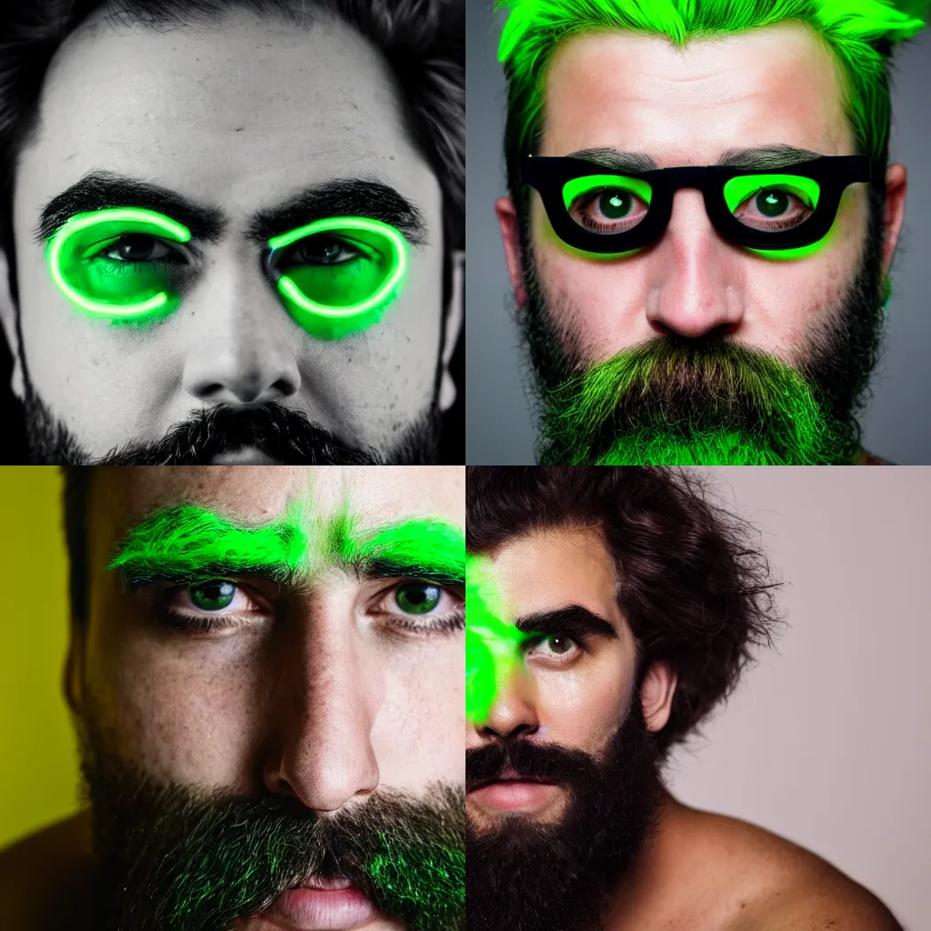 Prompt: a DSLR photo portrait of a hirsute man with neon green eyebrows