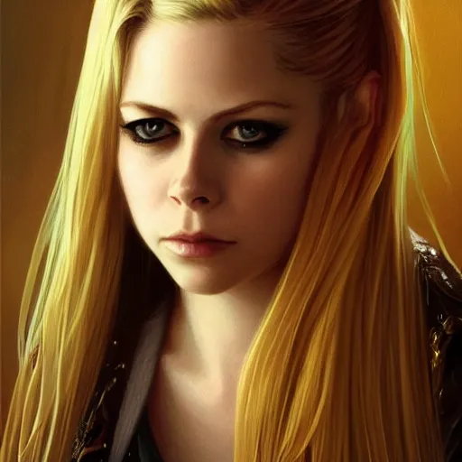 Prompt: portrait of Avril Lavigne, looking at camera, D&D, intricate, elegant, stylish, serious expression, fantasy, extremely detailed, digital painting, artstation, concept art, smooth, sharp focus, illustration, stunning lighting, art by artgerm and greg rutkowski and alphonse mucha and simon stalenhag.