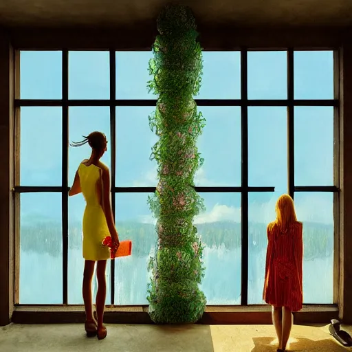 Image similar to giant daisy flower head, woman standing next to modern window in luxury loft, surreal photography, sunlight, impressionist painting, digital painting, artstation, simon stalenhag