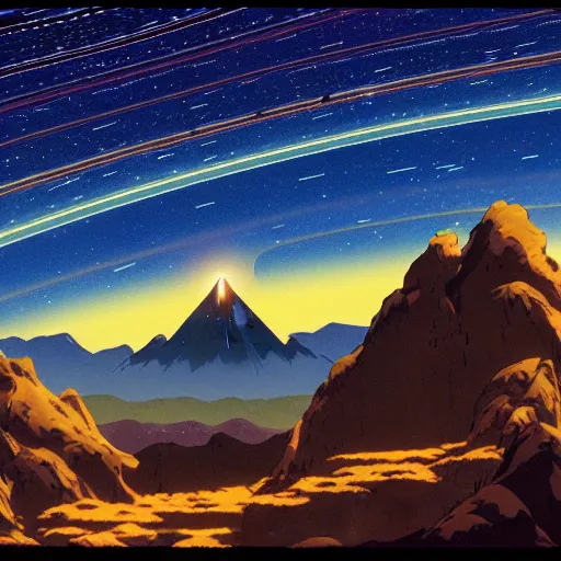 Image similar to a mountain with a star trail in the sky, a detailed matte painting by studio ghibli, cg society, symbolism, toonami, matte painting, reimagined by industrial light and magic