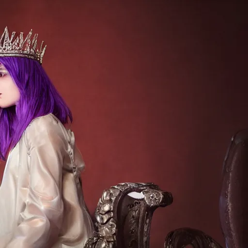 Prompt: A 4k photo of a skinny young woman with purple hair wearing a diamond crown, sitting in a throne in a dark room. Back light