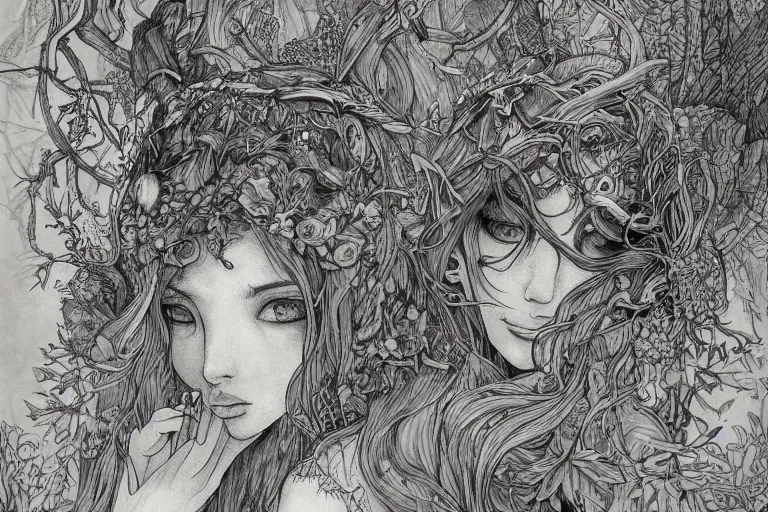 Image similar to fae living in the forest, beautiful, mesmerizing, concept art, intricate linework, detailed and intricate environment, artstation, inspired by monstress, sana takeda