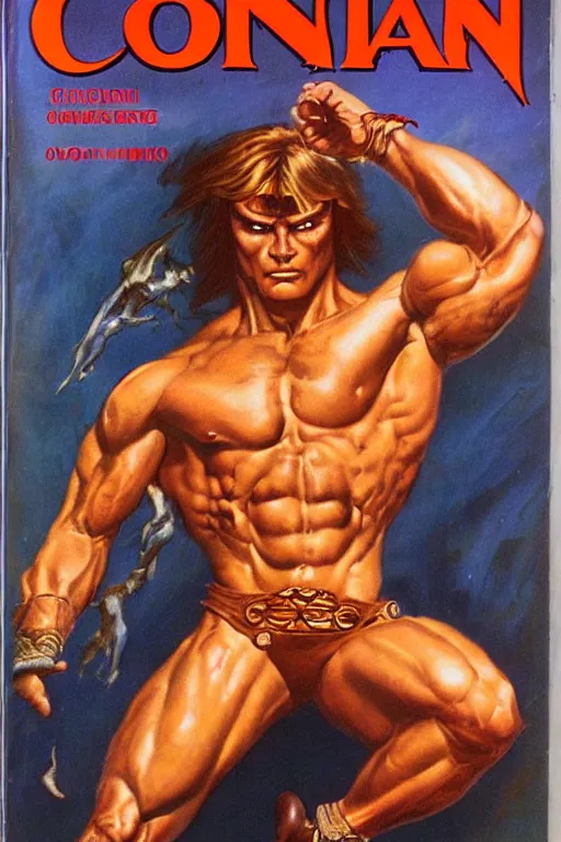 Prompt: Conan by Boris Vallejo, glossy magazine cover