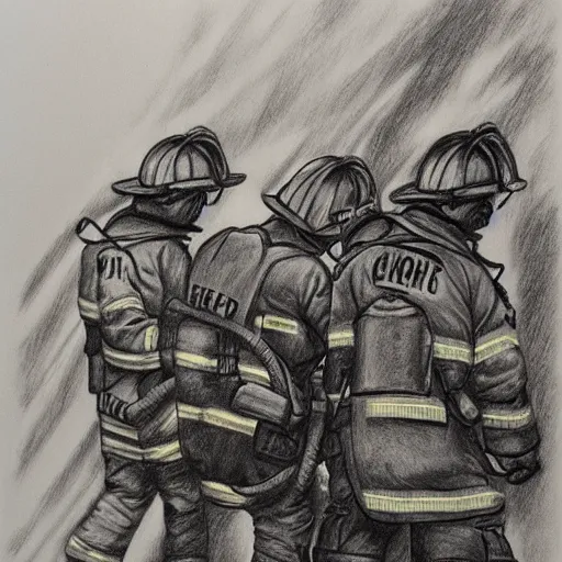 Prompt: Firefighters extinguish the fire. Fantasy. Pencil drawing