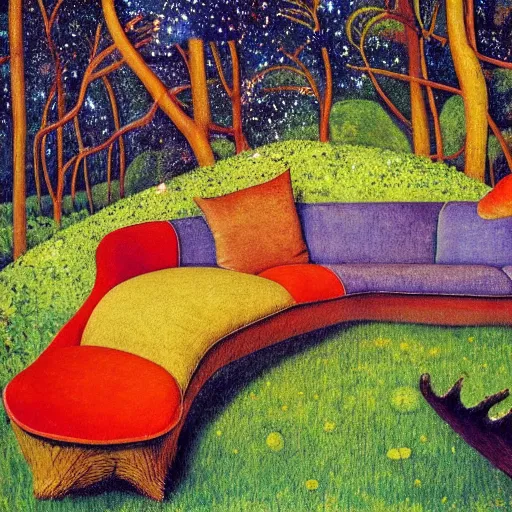 Image similar to psychedelic couch sofa in the lush pine forest, milky way, moose antlers, designed by arnold bocklin, jules bastien - lepage, tarsila do amaral, wayne barlowe and gustave baumann, cheval michael, trending on artstation, star, sharp focus, colorful refracted sparkles and lines, soft light, 8 k 4 k