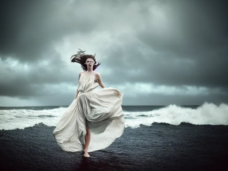 Image similar to cinestill 5 0 d half - length portrait photo portrait of a woman britt marling 3 / 4 style of nicholas fols, 1 5 0 mm, dress in voile, hair like dark clouds, hair floating on air, head in focus, mute dramatic colours, soft blur outdoor stormy sea background, volumetric lighting, hyper detailed, hyper realistic