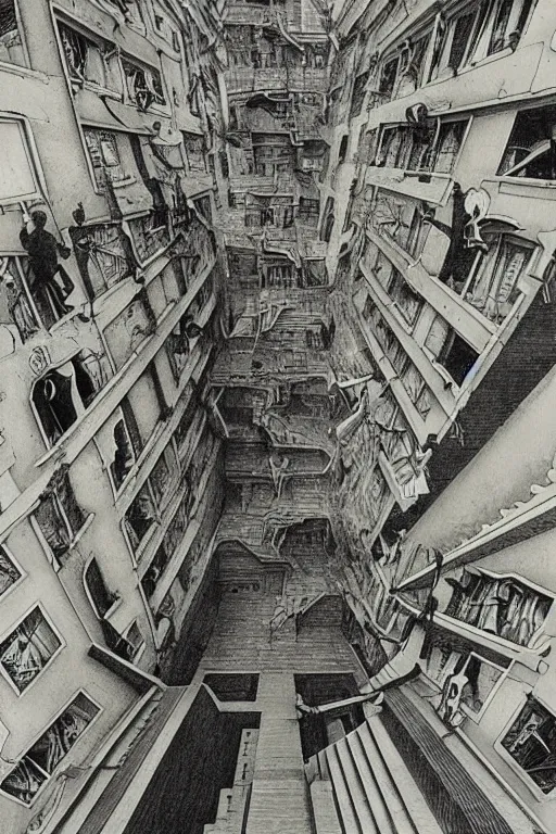 Prompt: stairs to nowhere nihilist discordian surreal collage made of by mc escher, walt disney, hr giger and beksinski. 8 k resolution. william s burroughs
