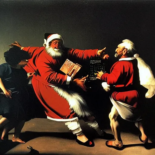 Image similar to Father Christmas fighting over a flat screen tv on Black Friday Painted by Caravaggio