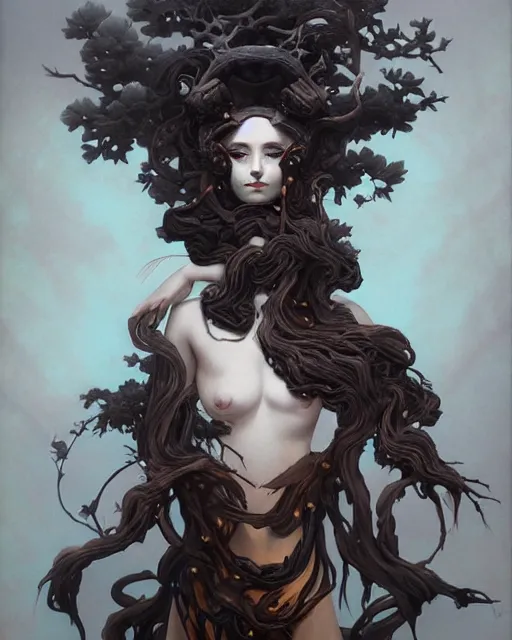 Image similar to fantasy portrait of a woman made of obsidian and smoke, carved Japanese Sakura wood organic overgrowth, holding nevermore, peter mohrbacher, artgerm, James Jean