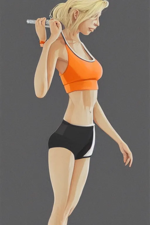 Image similar to a beautiful, very fit woman with hip-length blonde hair, wearing a short white crop top and short orange athletic shorts, stands by a swimming pool, facing forward, in the style of artgerm and moebius and annie liebovitz, photorealistic, highly detailed, trending on artstation