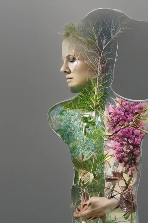 Prompt: floral biome breaking out of the inside of a transparent glass women figure, by anwar mostafa and farid ghanbari