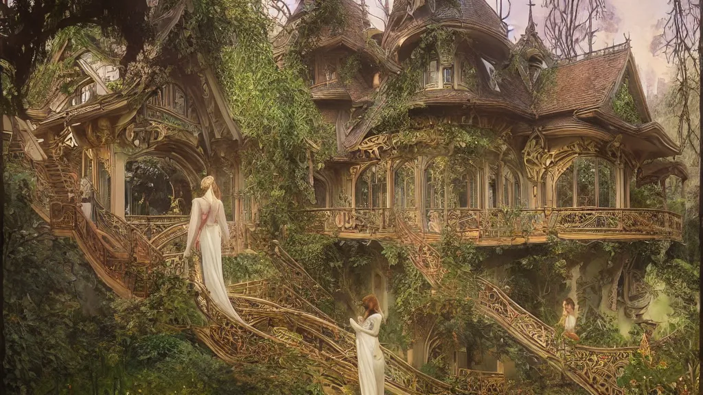 Prompt: a beautiful painting of art nouveau swiss chalet elven rivendell at sunrise, with an elven girl looking out from her balcony, intricate, elegant, highly detailed, digital painting, artstation, concept art, by krenz cushart and artem demura and alphonse mucha