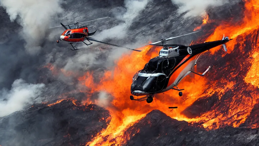 Image similar to person wearing a sponsored team jersey with logos jumping out of a helicopter with a surfboard into a volcano, action shot, dystopian, thick black smoke and fire, sharp focus