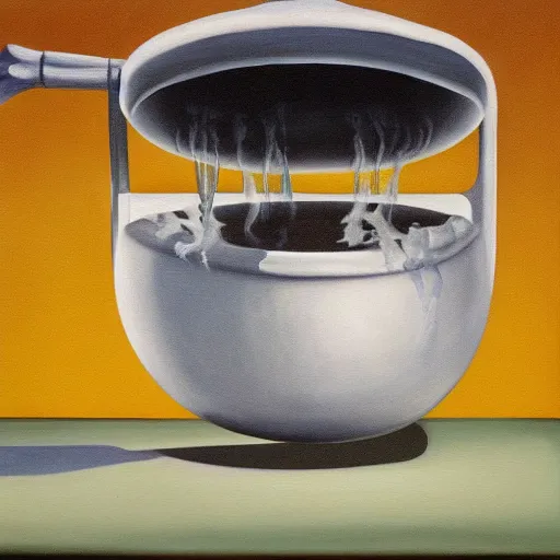 Prompt: a frog in a boiling pot of water, surrealist, absurdist painting