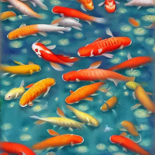 Prompt: dozens of the koi fish swimming in the huge pool of cosmos by the Ori Toor