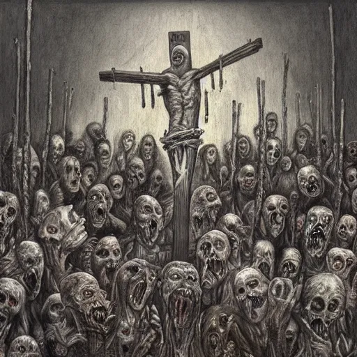 Image similar to a hyperrealistic painting of a large group of zombies watching the crucifixtion, by santiago caruso, highly detailed,