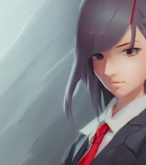 Image similar to a girl in a business, close up, sharp focus, red necktie and grey hair, digital painting, by tran ross and jordan grimmer and greg rutkowski, anime art, artstation, hd, smooth,