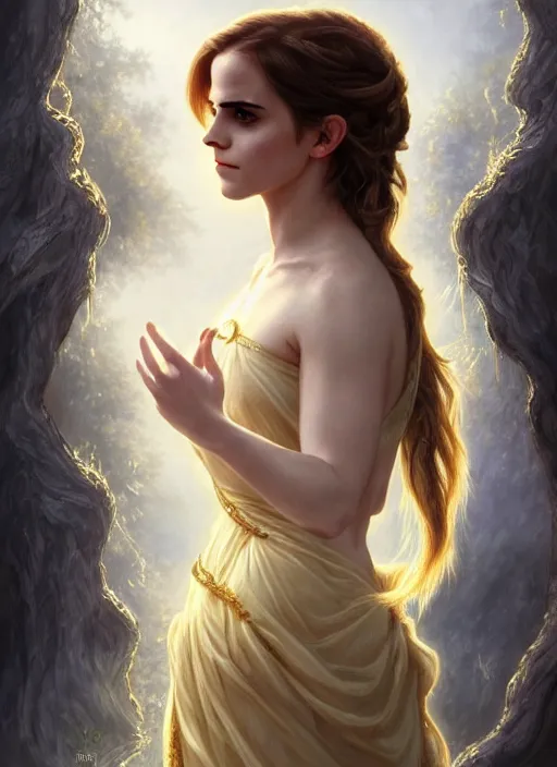 Prompt: emma watson as magic healer goddess, long hair, white and gold cloth, lake in the forest, D&D, shiny background, intricate, elegant, highly detailed, digital painting, artstation, concept art, smooth, sharp focus, illustration, artgerm, bouguereau