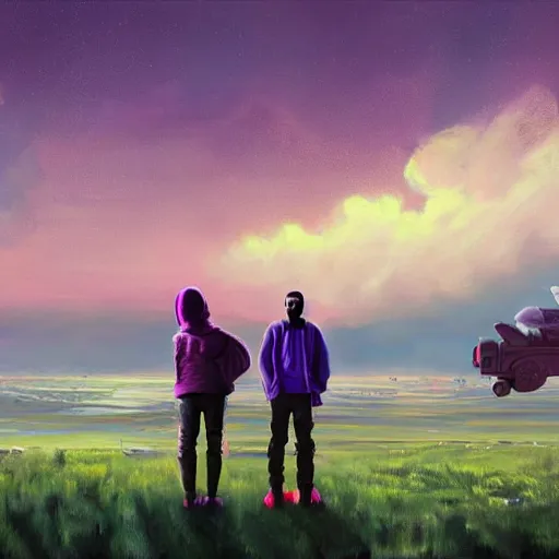 Image similar to A painting of Kanye West and his family looking on at the horizon, afrofuturism, Simon Stalenhag, 8K concept art, purple skies, intricate details, minimal artifacting