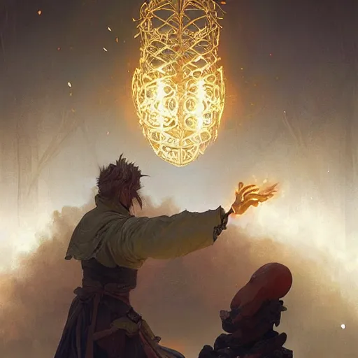 Image similar to an ancient glowing spellbook suspended in mid-air with intricate magic details suspended in air with the pages fluttering gently, glowing gas, intricate, elegant, digital painting, concept art, smooth, sharp focus, illustration, from Metal Gear, by Ruan Jia and Mandy Jurgens and Artgerm and William-Adolphe Bouguereau